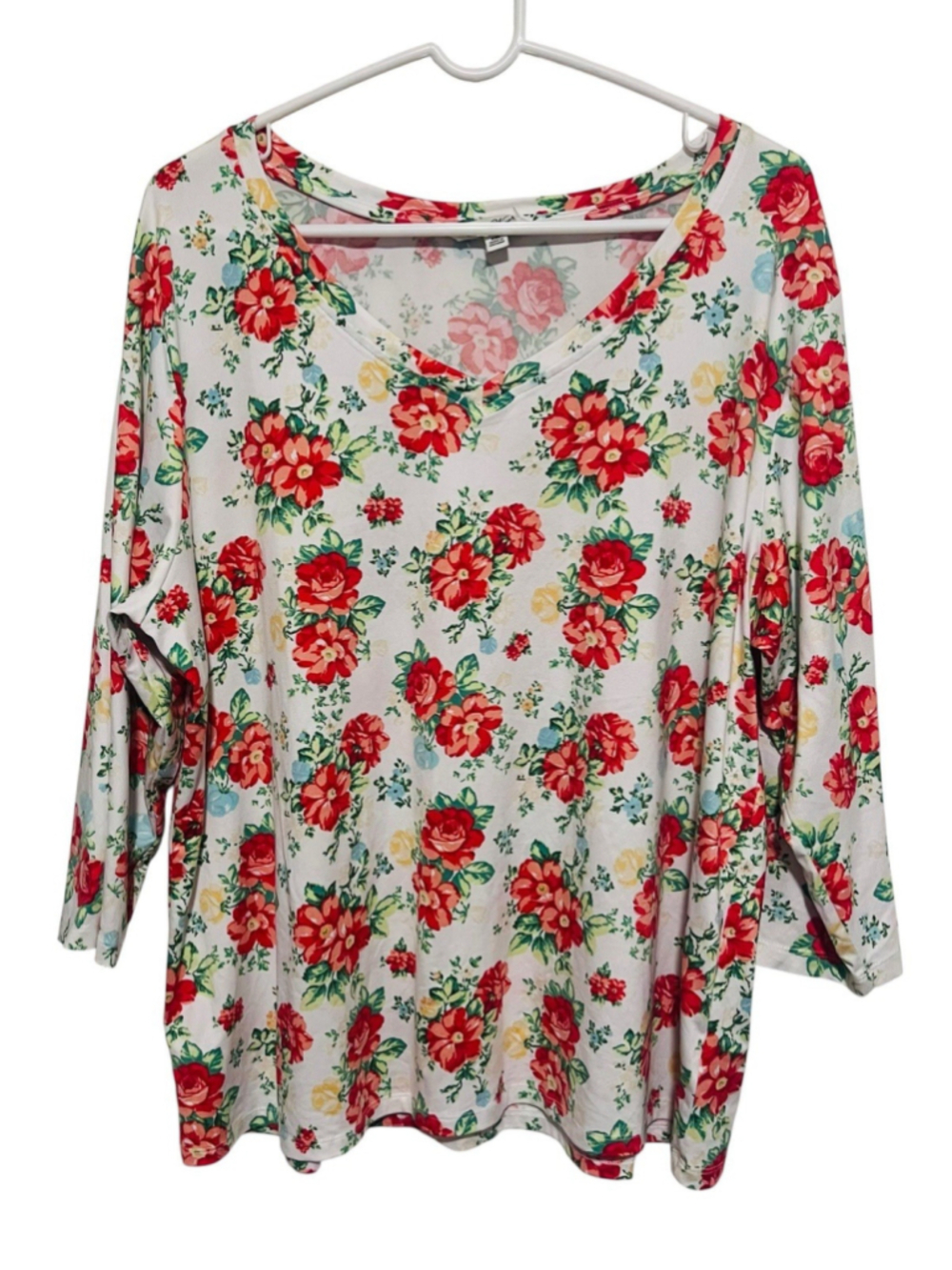 Pioneer Woman White Floral Top XXL 3/4 Sleeve V-neck Tee